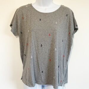 J. Jill Embroidered Anchor Short Sleeve Top Gray Small